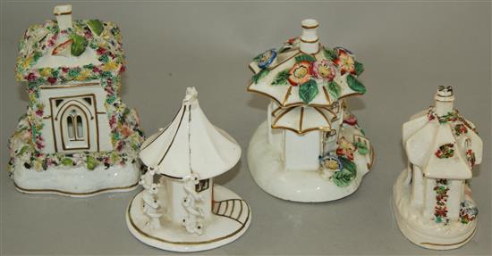 Four Staffordshire porcelain cottage and toll house pastille burners, c.1835-45, height 9.5 - 12cm